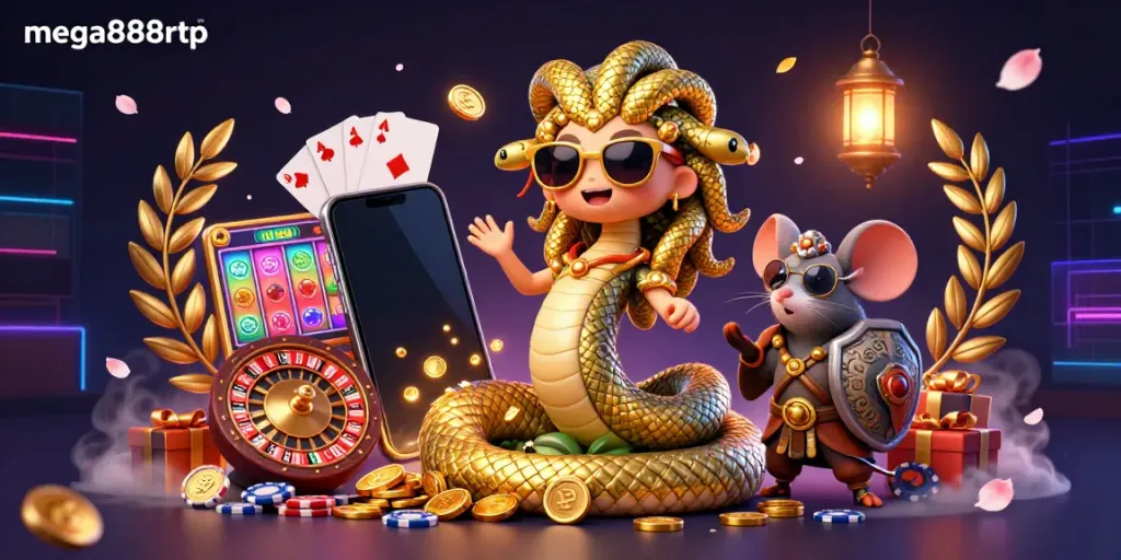 Experience the exciting mega888rtp gaming world with cute Medusa and a warrior mouse amidst slot adventures.