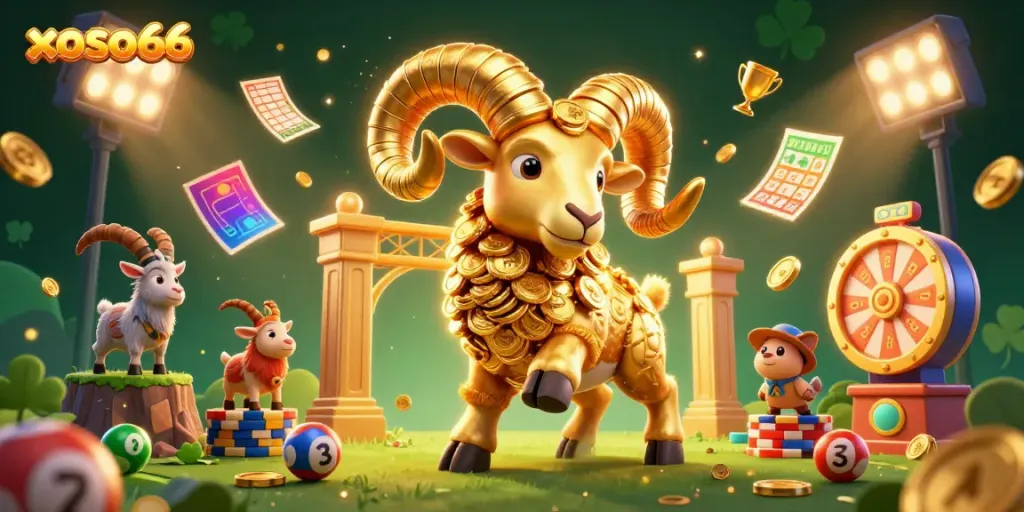 Experience the exhilarating world of xoso66 with dynamic lottery elements and a golden ram character in action.