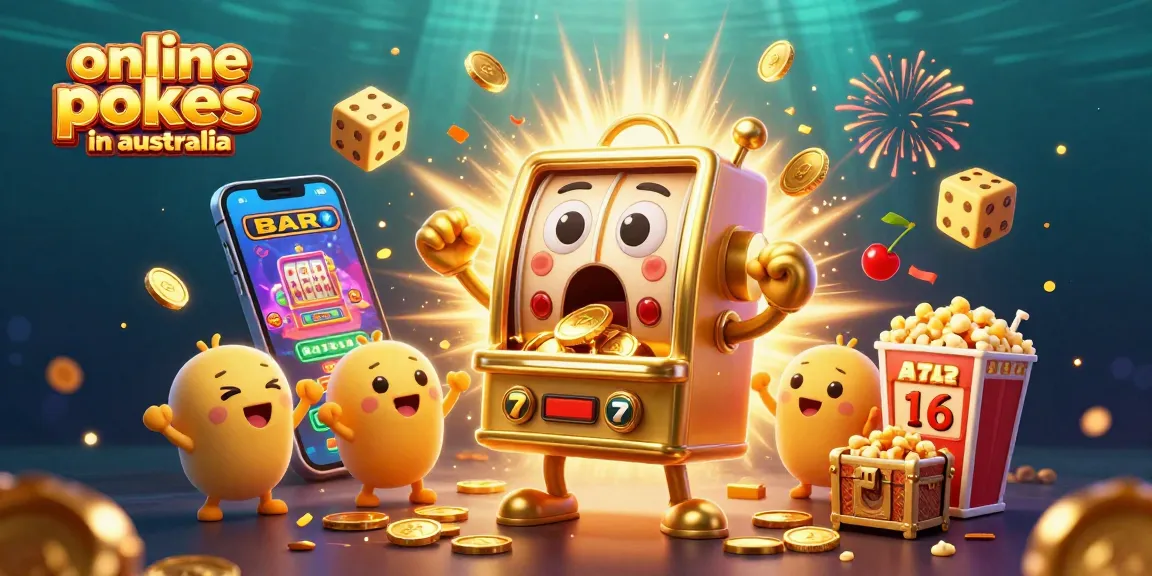 Players enjoy winning on online pokies in australia as golden coins pour from a cheerful slot machine.