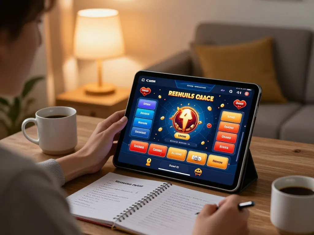 Person engaging with the f8betlv online casino app on a tablet in a cozy home setting, emphasizing responsible gaming.