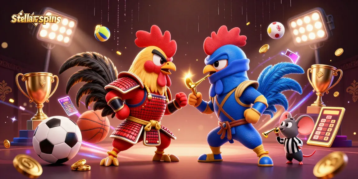 Experience thrilling stellarspins action with fighting roosters and dynamic sports elements.