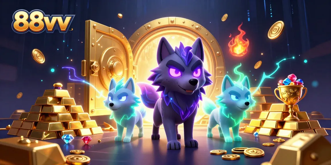 Engage with 88vv's thrilling casino atmosphere featuring dynamic wolf characters and treasure elements.